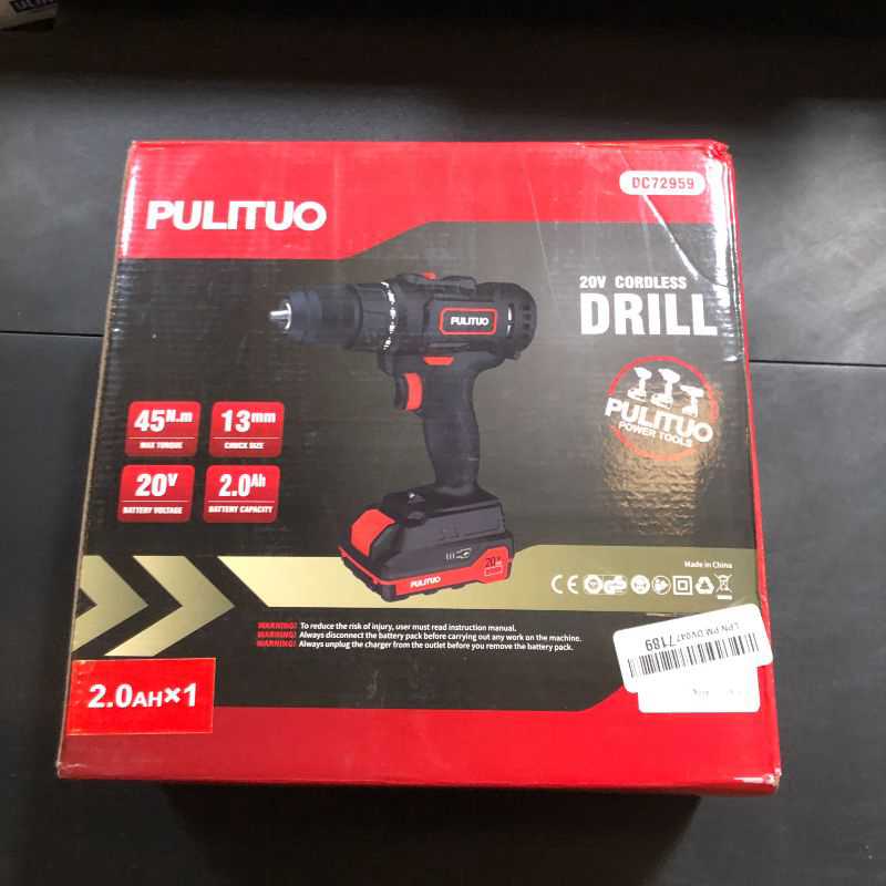 Photo 1 of PULITUO Cordless Drill Set, 20V/2.0Ah Electric Power Drill, Torque 45N.m, 25+1 Torque Setting,1/2” Keyless Chuck, 2 Variable Speed Setting, with 43 PCS Bits, Storage Bag