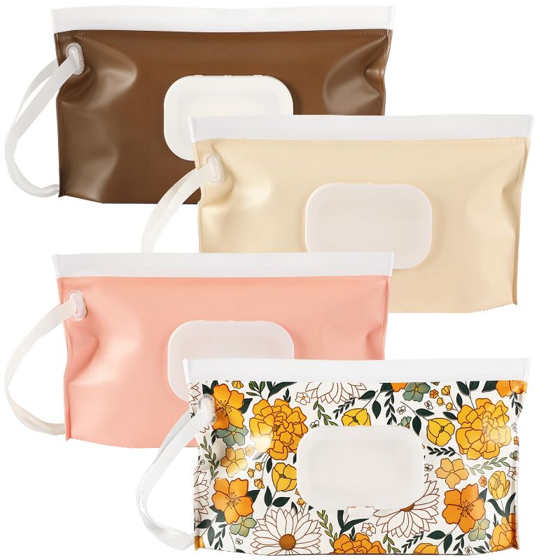 Photo 1 of 4 Packs Baby Wipes Dispenser,Portable Refillable Wipe Holder with Hanging Loop, Wet Wipes Container,Reusable Travel Baby Wipes Pouch for Indoor & Outdoor Using