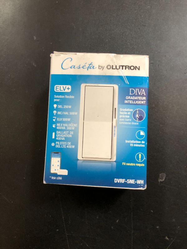 Photo 1 of Lutron Diva Smart Dimmer Switch ELV+ for Caseta Smart Lighting (Lutron Smart Hub Required), 250-Watt LED, Neutral Required, DVRF-5NE-WH, White
