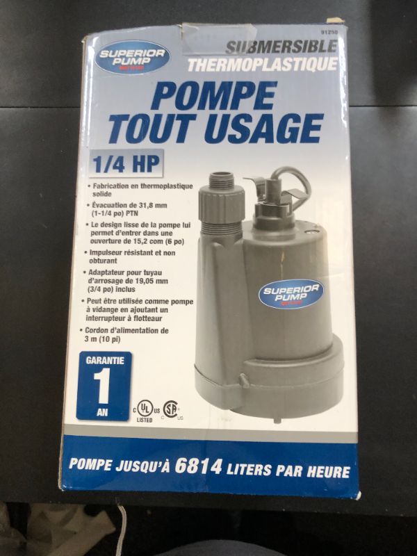 Photo 1 of Superior Pump 91250 1800GPH Thermoplastic Submersible Utility Pump with 10-Foot Cord, 1/4 HP