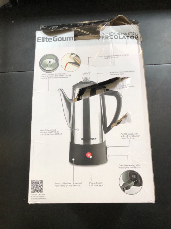 Photo 1 of Elite Gourmet EC140 Electric 6-Cup Coffee Percolator with Keep Warm, Clear Brew Progress Knob Cool-Touch Handle Cord-less Serve, Stainless Steel