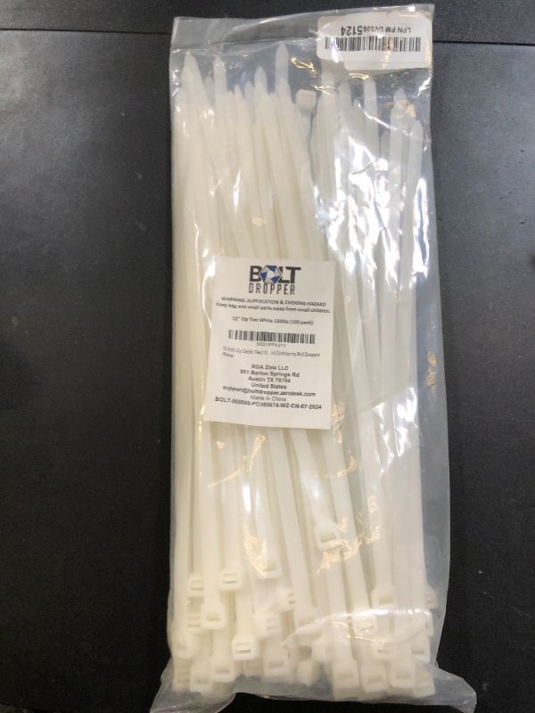 Photo 1 of Bolt Dropper 12-Inch White Zip Ties - 100-Pack Reusable Heavy Duty Wire and Cable Ties - Durable Self-Locking Nylon with 120 lbs Tensile Strength - UV and Temperature Resistant for Indoor and Outdoor