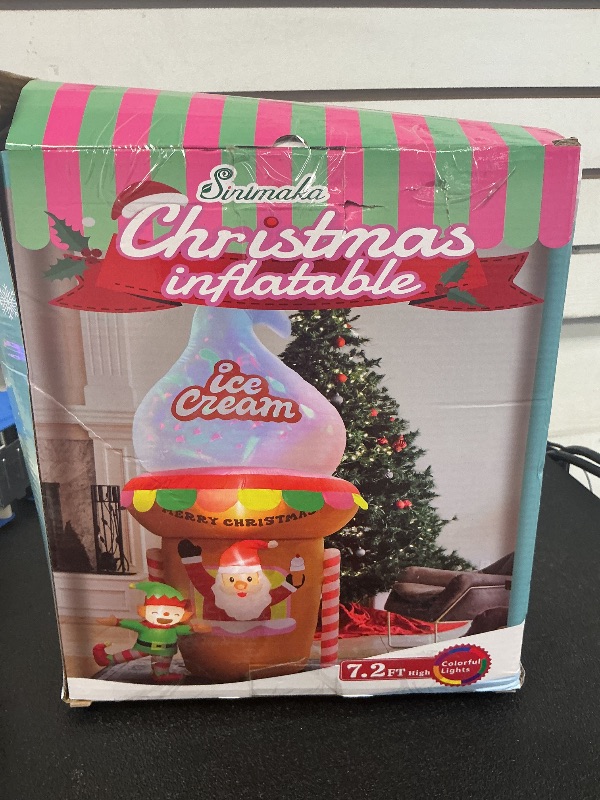 Photo 1 of Sinimaka 7.2 FT Giant Christmas Inflatable Outdoor Decoration, Merry Christmas Santa Claus Elf Ice Cream Blow up Yard Decor Built-in Colorful Rotating LED Lights for Xmas Holiday Garden Lawn Outside