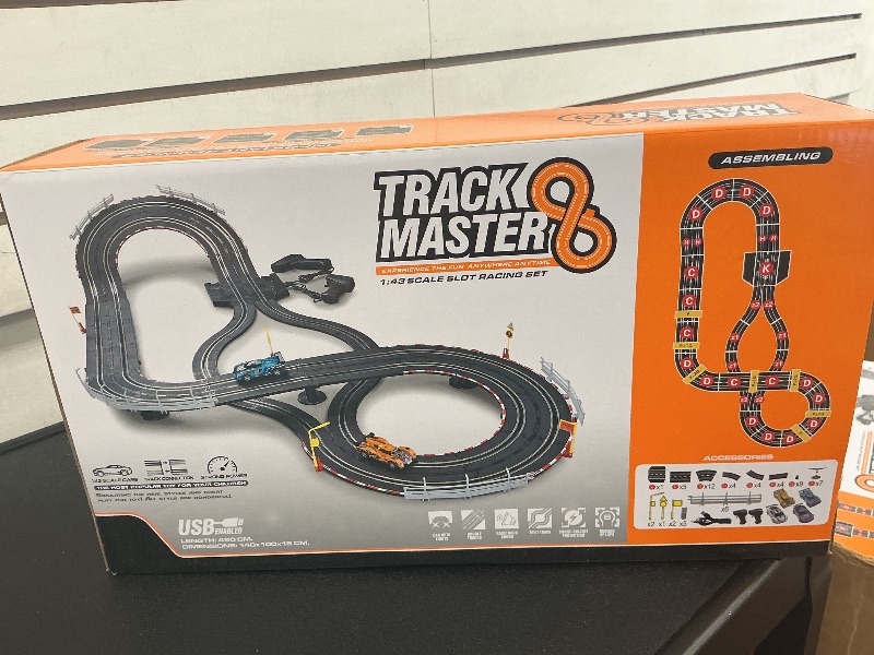 Photo 1 of Electric Slot Car Race Track Sets - Race Car Track Sets with 4 High-Speed Slot Cars 1:43 with Headlights, 2 Hand Controllers, Dual Racing Game Lap Counter, Birthday, Toys for Children