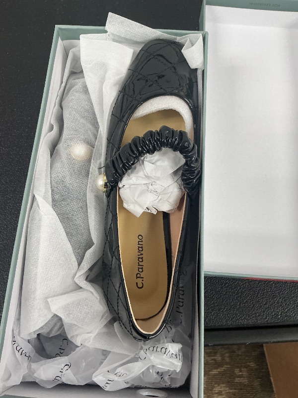 Photo 1 of C.Paravano Mary Jane Flats for Women | Square Toe Ballet Flats with Pearl Strap | Comfortable Dress Shoes for Work, Wedding, Party & Daily Wear(Size 5.5,Black_a)