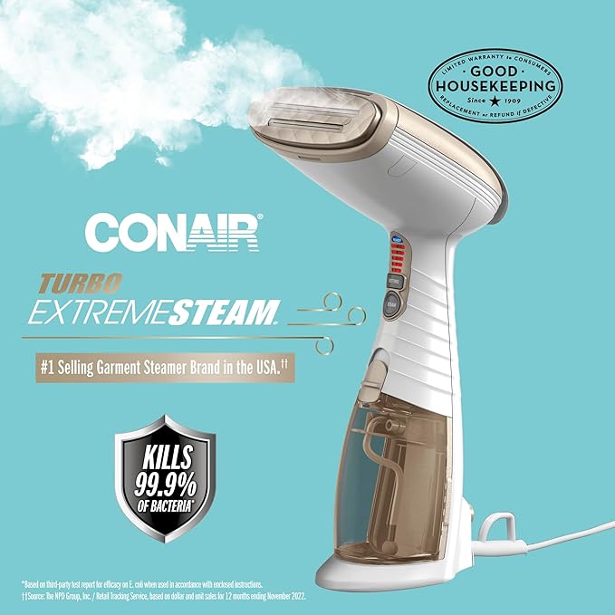 Photo 1 of Conair Handheld Garment Steamer for Clothes, Turbo ExtremeSteam 1875W, Portable Handheld Design, Strong Penetrating Steam, White / Champagne