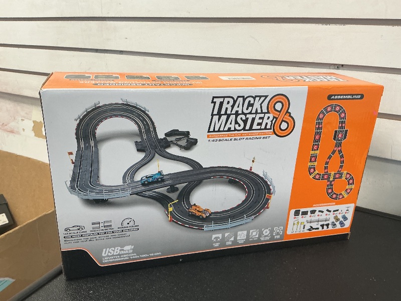 Photo 1 of Electric Slot Car Race Track Sets - Race Car Track Sets with 4 High-Speed Slot Cars 1:43 with Headlights, 2 Hand Controllers, Dual Racing Game Lap Counter, Birthday, Toys for Children