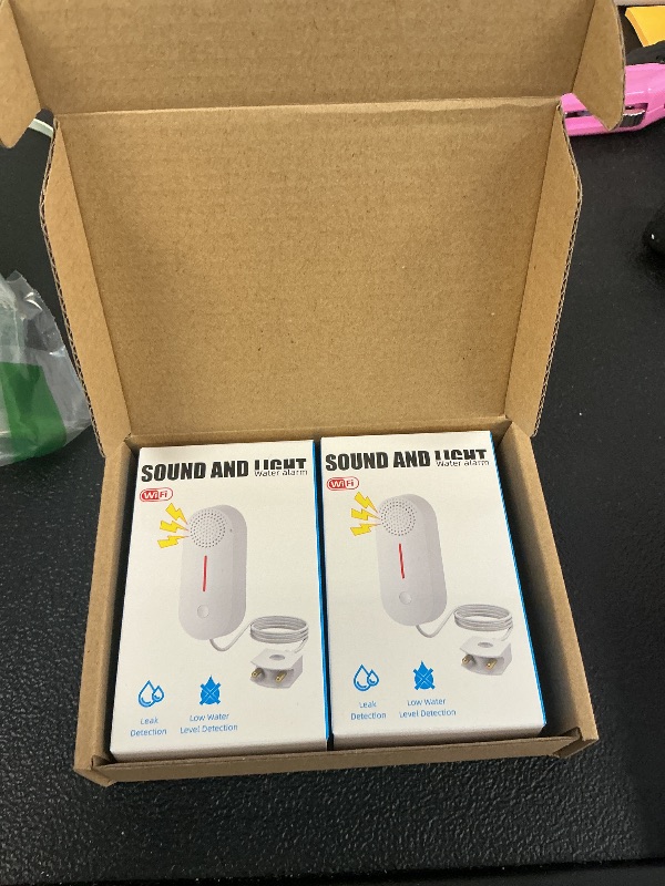 Photo 1 of PILSAMAS 2 Pack WiFi Water Leak Sensor, Water Sensor Alarm Leak Detector, Water Detector Alarm w 100db Sound Light Alarm, App Alert & Monitor - Wireless Tank Level Monitor, Water Alarms for Basements