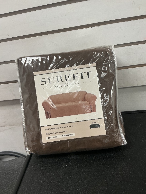 Photo 1 of SureFit Home Décor Soft Suede Box Cushion Sofa One Piece Slipcover, Relaxed Fit, Polyester, Machine Washable, Chocolate Color