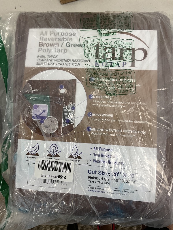 Photo 1 of Kotap 20 x 30 Ft. All-Purpose Multi-Use Protection/Coverage 5-mil Poly Tarp, Reversible, Waterproof, Brown/Green, (TBG-2030)