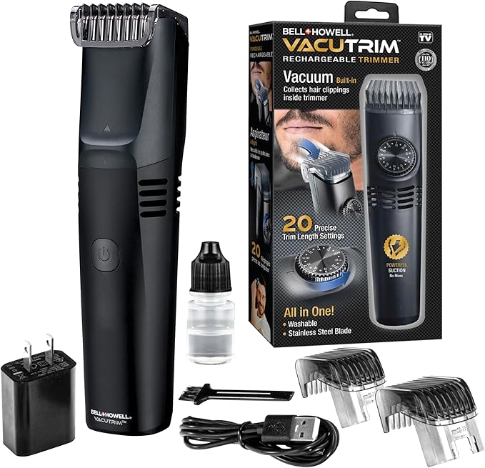 Photo 1 of Vacutrim Cordless Mens Beard Trimmer, Rechargeable Electric Shaver with 20 Trim Setting Calibration Dial and Built-in Vacuum for Mustache, Sideburns. Facial Hair, Black, 7.5", As Seen On TV