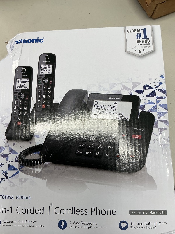 Photo 1 of Panasonic Corded/Cordless Phone with Advanced Call Block, 2-Way Recording and Digital Answering Machine, 2 Handsets Expandable up to 6 Cordless Handsets - KX-TGF852B (Black)