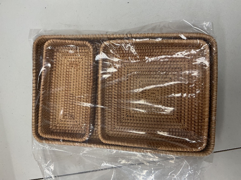 Photo 1 of Rattan Serving Tray Set of 3, Rectangle Wicker Storage Basket, Natural Woven Tray for Coffee Tea Table Organizing -Small Square for Home Decor Bathroom Kitchen Counter, Snacks, Key - Natural