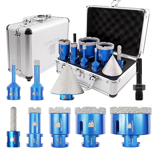 Photo 1 of Diamond Core Drill Bit Set for Porcelain Tile Ceramic Marble Granite Drilling,BRSCHNITT 9pcs Vacuum Brazed Diamond Hole Saw with 5/8-11 Thread ?1/4" 3/8" 4/5" 1-3/8" 2" 2-1/2"?