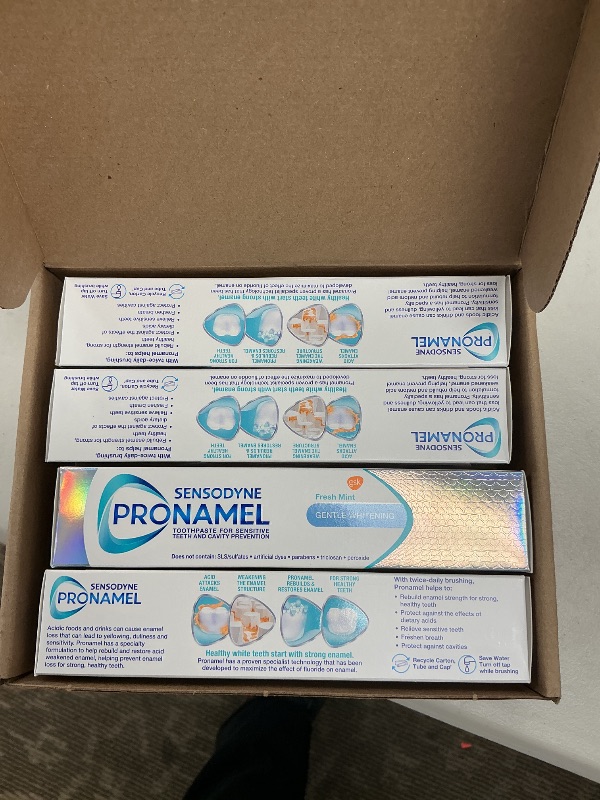 Photo 1 of Sensodyne Pronamel Gentle Teeth Whitening Enamel Toothpaste for Sensitive Teeth, to Reharden and Strengthen Enamel, Amazon Exclusive, Fresh Mint - 4 Ounces (Pack of 4)
