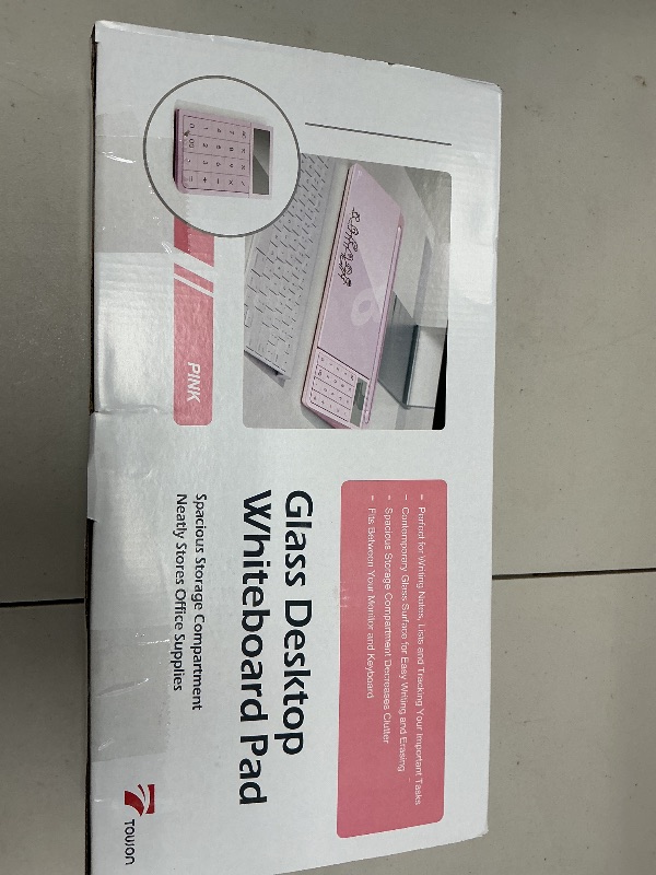 Photo 1 of Electronic Calculator and Mirror, Pink Desk Glass Whiteboard Organized, Glass Desktop Dry Erase Board with Accessories for Home Office Supply, Keyboard Dry Erase Notepad