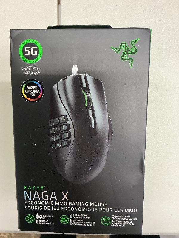 Photo 1 of Razer Naga X - Ergonomic MMO Gaming Mouse with 16 Programmable Buttons (Optical Mouse Switches, 5G Optical Sensor, Chroma RGB, Speedflex Cable) Black (Renewed)