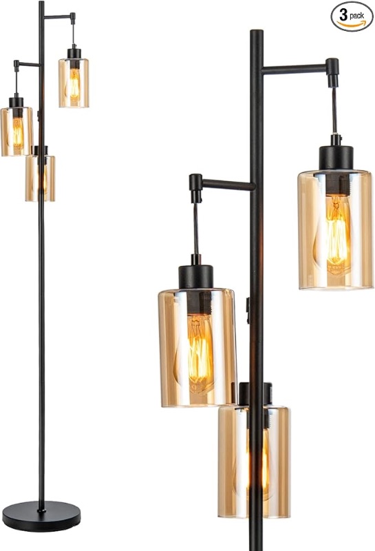 Photo 1 of Tangkula Retro Floor Lamp with 3-Head Hanging Amber Glass Shade, Foot Switch, Metal Base, Industrial for Living Room Bedroom Office (Black)