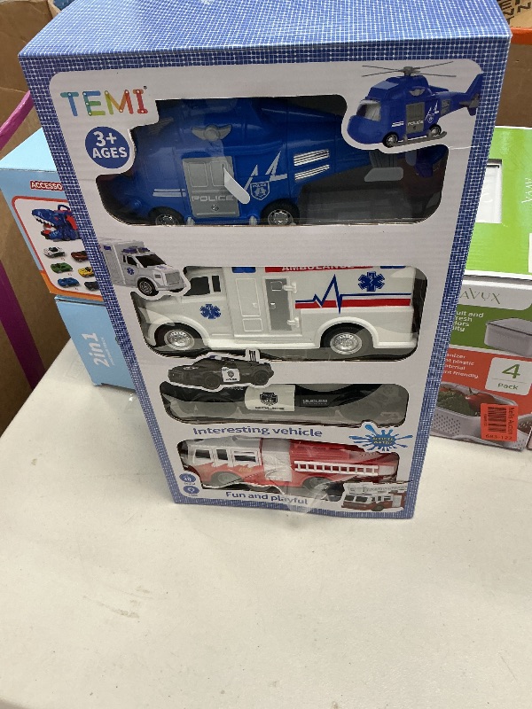 Photo 1 of TEMI 4 Pack Emergency Vehicle Toys for Kids 3 4 5 6 7 8 Years Old, Helicopter, Police Car, Fire Truck, Ambulance Friction Powered Toys for Toddlers, Gifts for Age 3-12 Boys Girls