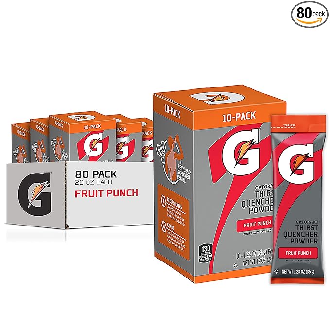 Photo 1 of Gatorade Thirst Quencher Powder, Fruit Punch, 1.23oz Packets, Makes 20 ounces ,80 Count (Pack of 1)