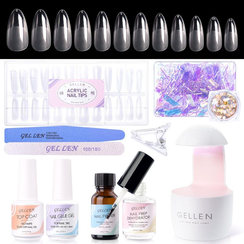 Photo 1 of Gellen Gel Tips Nail Extension Kit, Gel Nail Kit with 240Pcs Almond Tips, 3 in 1 UV Glue for Nail Tips, Prep Dehydrator and Primer, U V LED Cure Lamp, Decorations for DIY Manicure Set