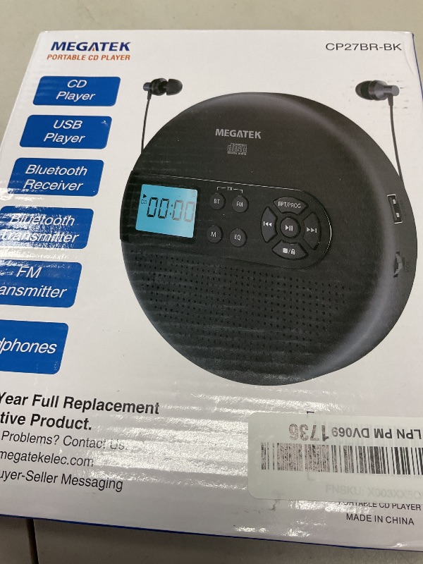 Photo 1 of MEGATEK Portable CD Player with Dual Stereo Speakers and 60 Seconds Anti Skip, Personal Walkman CD Player for Car with Headphones, USB Port, Bluetooth and FM Transmitter, 2000mAh Rechargeable Battery