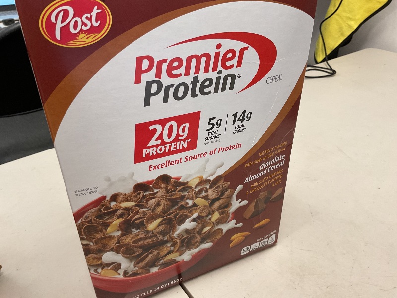 Photo 1 of Post Premier Protein Chocolate Almond Cereal, Chocolatey Protein Cereal Flakes with Sliced Almonds, Contains 20g of Protein Per Serving, 30 OZ Box