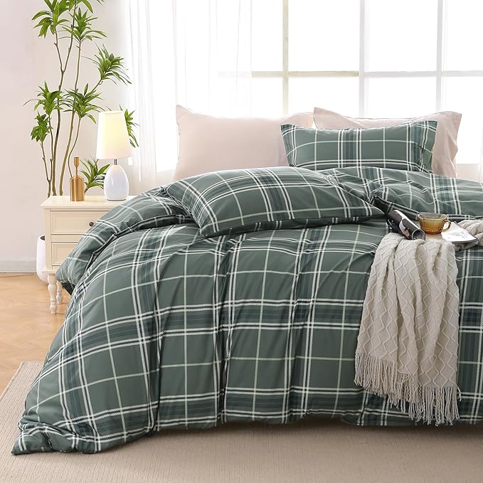 Photo 1 of MUXHOMO Duvet Cover Queen Size, Reversible Floral Grey Plaid Duvet Cover Set with Zipper Closure, 3 Pieces Botanical Patterns Soft Microfiber Bedding Set with 4 Ties (90"x90", 2 Pillow Cases)