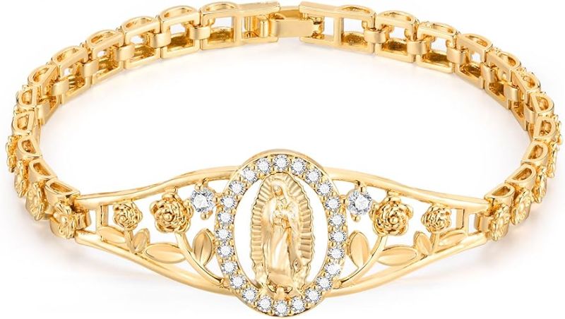 Photo 1 of Gold Catholic Bracelet for Women-14k Gold Plated Bracelet,Hypoallergenic Non Tarnish Trendy Jewelry,Dainty Stainless Steel Cubic Zirconia Religious Baptism Virgin Mary Bracelets Gifts for Her

