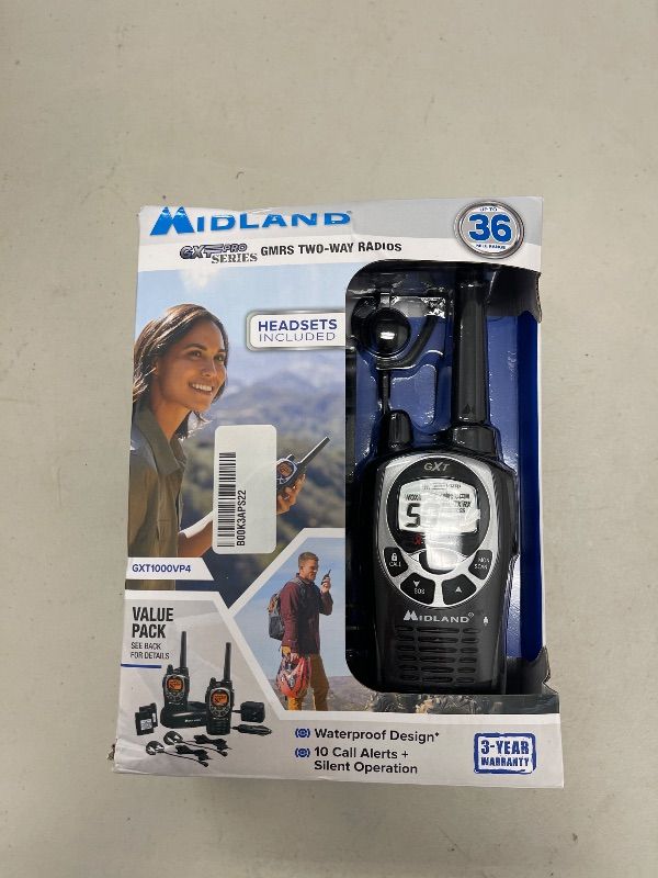 Photo 1 of Midland GXT1000VP4 GMRS Two-Way Radio (50-Channel, Long Range, 142 Privacy Codes, SOS, NOAA, Rechargeable Nickle Battery, Black/Silver, 2-Pack)