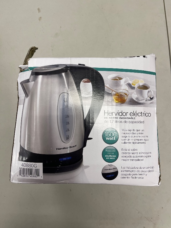 Photo 1 of Hamilton Beach Electric Tea Kettle, Water Boiler & Heater, 1.7 Liter, Cordless Serving, 1500 Watts for Fast Boiling, Auto-Shutoff and Boil-Dry Protection, Stainless Steel (40880)
