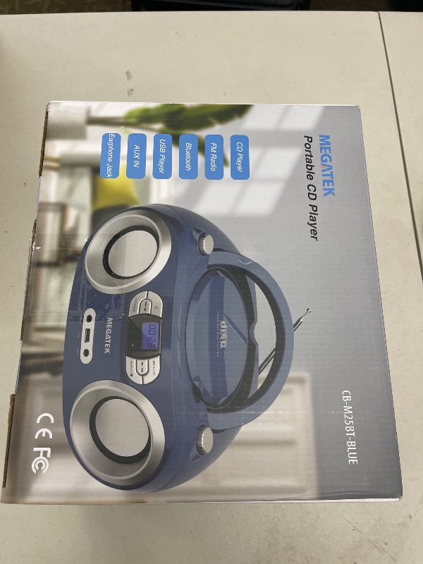 Photo 1 of MEGATEK Portable CD Boombox with FM Stereo Radio, Bluetooth, USB Port, and Backlit LCD Display | CD-R/CD-RW/MP3-CD Compatible | AUX Input | Headphone Jack | Programmable CD Player - Blue Jay