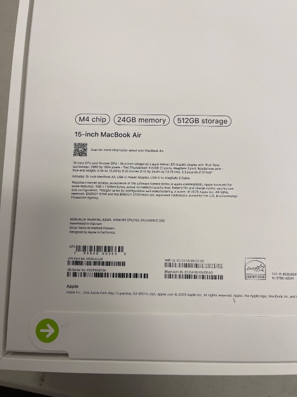 Photo 1 of Apple 2025 MacBook Air 15-inch Laptop with M4 chip: Built for Apple Intelligence, 15.3-inch Liquid Retina Display, 24GB Unified Memory, 512GB SSD Storage, 12MP Center Stage Camera, Touch ID; Midnight