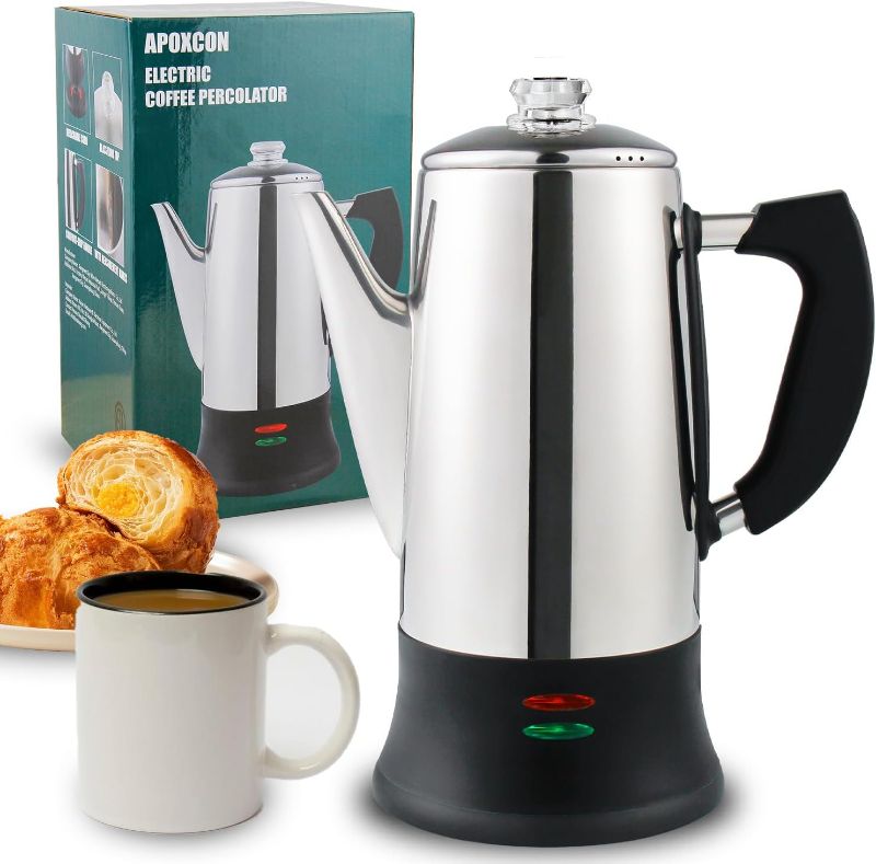 Photo 1 of Electric Coffee Percolator Stainless Steel Coffee Maker with Two Heat Resistant Tough Glass Clear Brew Progress Knob Classic Look Keep Warm & Cordless Serving Coffee Pot 12 Cup
