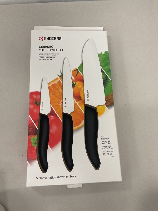 Photo 1 of Kyocera 3-Piece Ceramic Knife Set: Includes 6-inch Chef's Knife, 5-inch Micro Serrated Knife, and 3-inch Paring Knife - Red Handles with White Blades