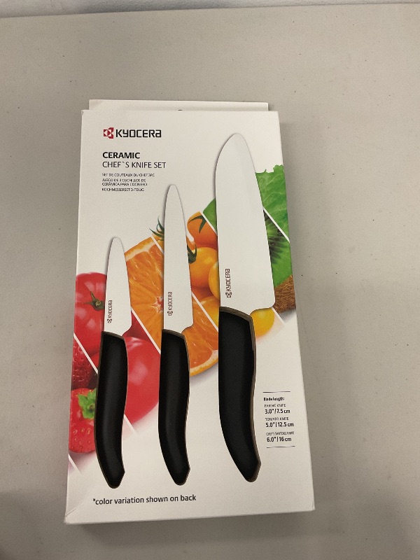 Photo 1 of Kyocera 3-Piece Ceramic Knife Set: Includes 6-inch Chef's Knife, 5-inch Micro Serrated Knife, and 3-inch Paring Knife - Red Handles with White Blades