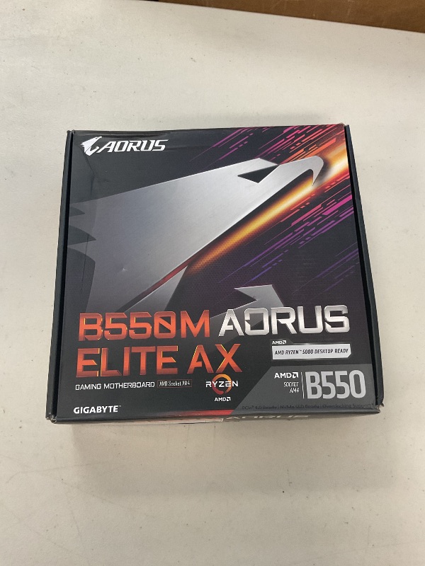 Photo 1 of GIGABYTE B550M AORUS Elite AX (rev 1.3) Motherboard, Supports AMD AM4 Ryzen 5000 Processors, Micro-ATX, DDR4, Single M.2, SATA 6Gb/s, Realtek GbE LAN, PCIe 4.0
