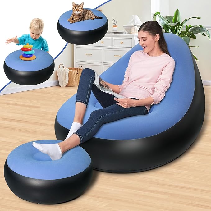 Photo 1 of Inflatable Chair with Ottoman, Inflatable Couch for Adults with Flocked Surface, Comfortable Blow Up Air Chair, Waterproof Portable Air Sofa Inflatable Couch for Camping,Gaming (Without Pump)