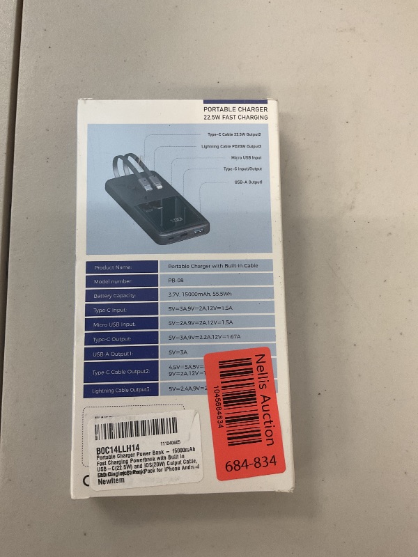 Photo 1 of Portable Charger Power Bank - 15000mAh Fast Charging Powerbank Battery Pack with Built in USB-C(22.5W) and iOS(20W) Output Cable Compatible with iPhone Android Samsung etc (1 Pack, Black)