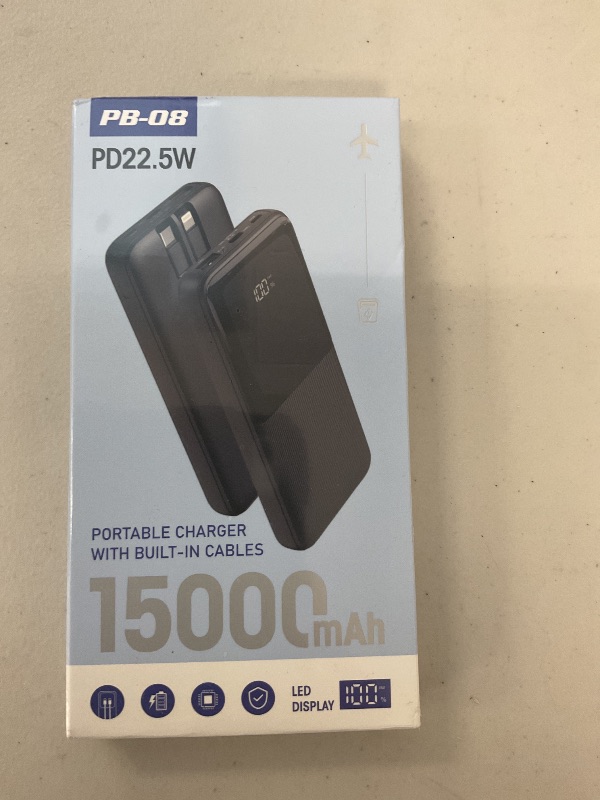 Photo 1 of Portable Charger Power Bank - 15000mAh Fast Charging Powerbank Battery Pack with Built in USB-C(22.5W) and iOS(20W) Output Cable Compatible with iPhone Android Samsung etc (1 Pack, Black)