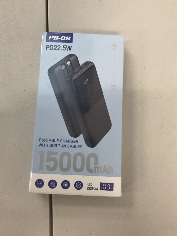 Photo 1 of Portable Charger Power Bank - 15000mAh Fast Charging Powerbank Battery Pack with Built in USB-C(22.5W) and iOS(20W) Output Cable Compatible with iPhone Android Samsung etc (1 Pack, Black)