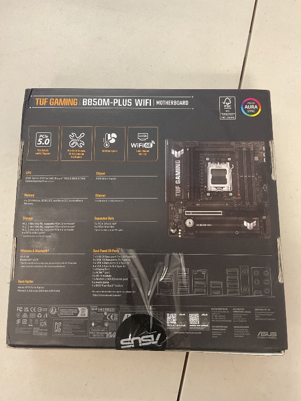 Photo 1 of ASUS TUF Gaming B850M-PLUS WiFi AMD AM5 B850 mATX Motherboard, 14+2+1 80A DrMOS Stages, DDR5, PCIe 5.0, 3X M.2, Wi-Fi 6E, 2.5Gb LAN, DP, HDMI™, USB 10Gbps & 20Gbps Type-C®, BIOS Flashback™, Aura Sync