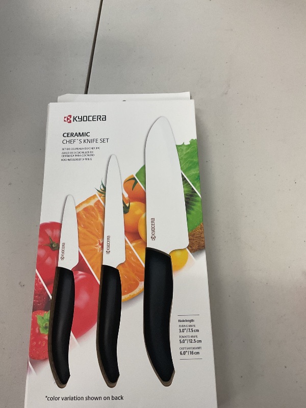 Photo 1 of Kyocera 3-Piece Ceramic Knife Set: Includes 6-inch Chef's Knife, 5-inch Micro Serrated Knife, and 3-inch Paring Knife - Red Handles with White Blades