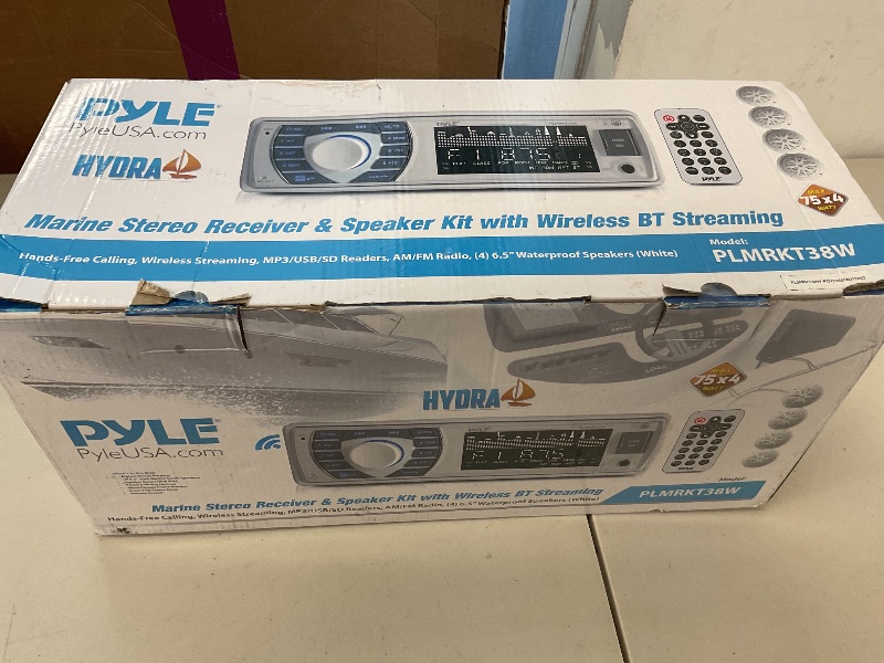 Photo 1 of Pyle Marine Radio Receiver Speaker Set 12v Single Din Style Bluetooth Compatible Waterproof Digital Boat In Dash Console System with Mic 4 Speakers, Remote Control, Wiring Harness PLMRKT38W (White)