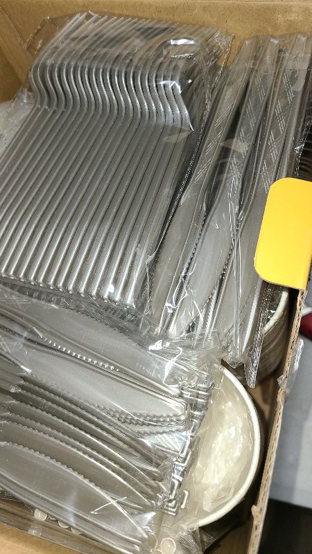 Photo 1 of 480 Piece Silver Dinnerware Set for 60 Guests,Floral Style Fancy Disposable Plates for Party,Include:Dinner Plates,Dessert Plates,straws,Napkins,Knives,Forks,Spoons and Cups