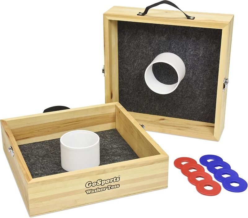 Photo 1 of  GoSports Premium Birch Wood Washer Toss Game - Portable Set Includes 2 Targets and 8 Washers 