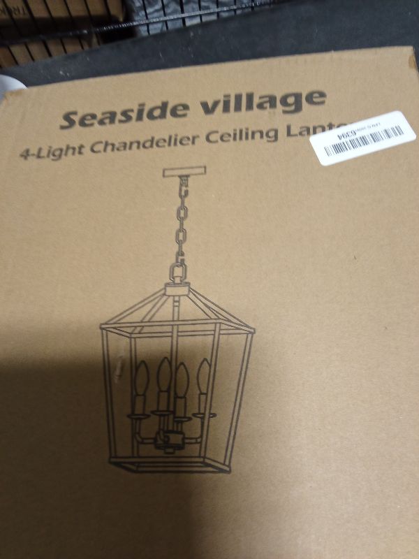 Photo 1 of 4 Light Farmhouse Chandelier, Rustic Ceiling Light Lantern Light Fixture with Wood Painted Metal Cage and Adjustable Chain, E12 Base Geometric Hanging Light Fixture for Entryway, Kitchen, Indoor