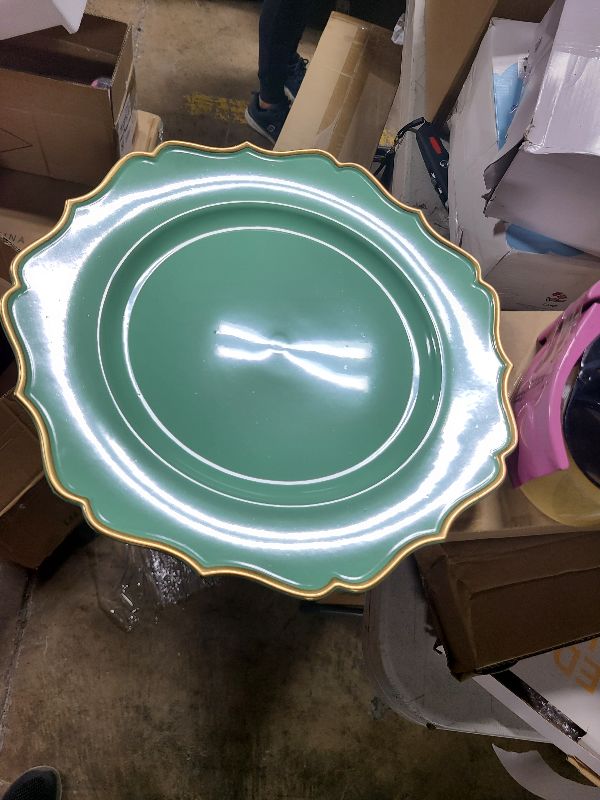 Photo 1 of 13 in Sage Green Round Acrylic Charger Plates | 13-Inch Scalloped Trim Serving Dinnerware Set for Dinner Wedding Party Reception Catering Decorations