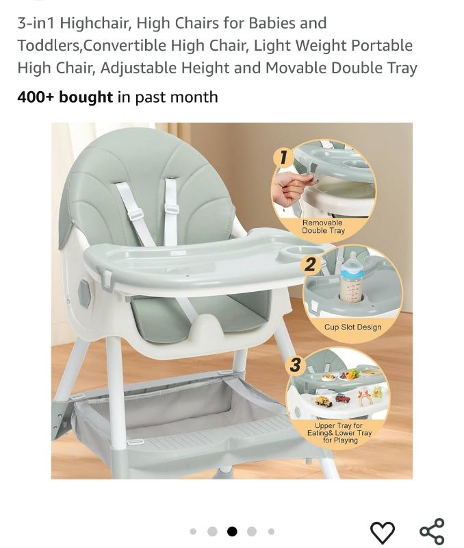 Photo 1 of 3-in1 Highchair, High Chairs for Babies and Toddlers,Convertible High Chair, Light Weight Portable High Chair, Adjustable Height and Movable
