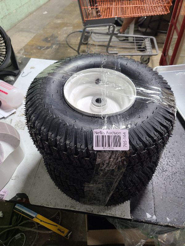 Photo 1 of 15x6.00-6 Rubber Lawn Mower Tire and Wheel, 2 Pcs Replacement 15x6-6nhs Riding Mowers Lawn Tire and Wheel with 3/4" Bushing, 3" Centered Hub 